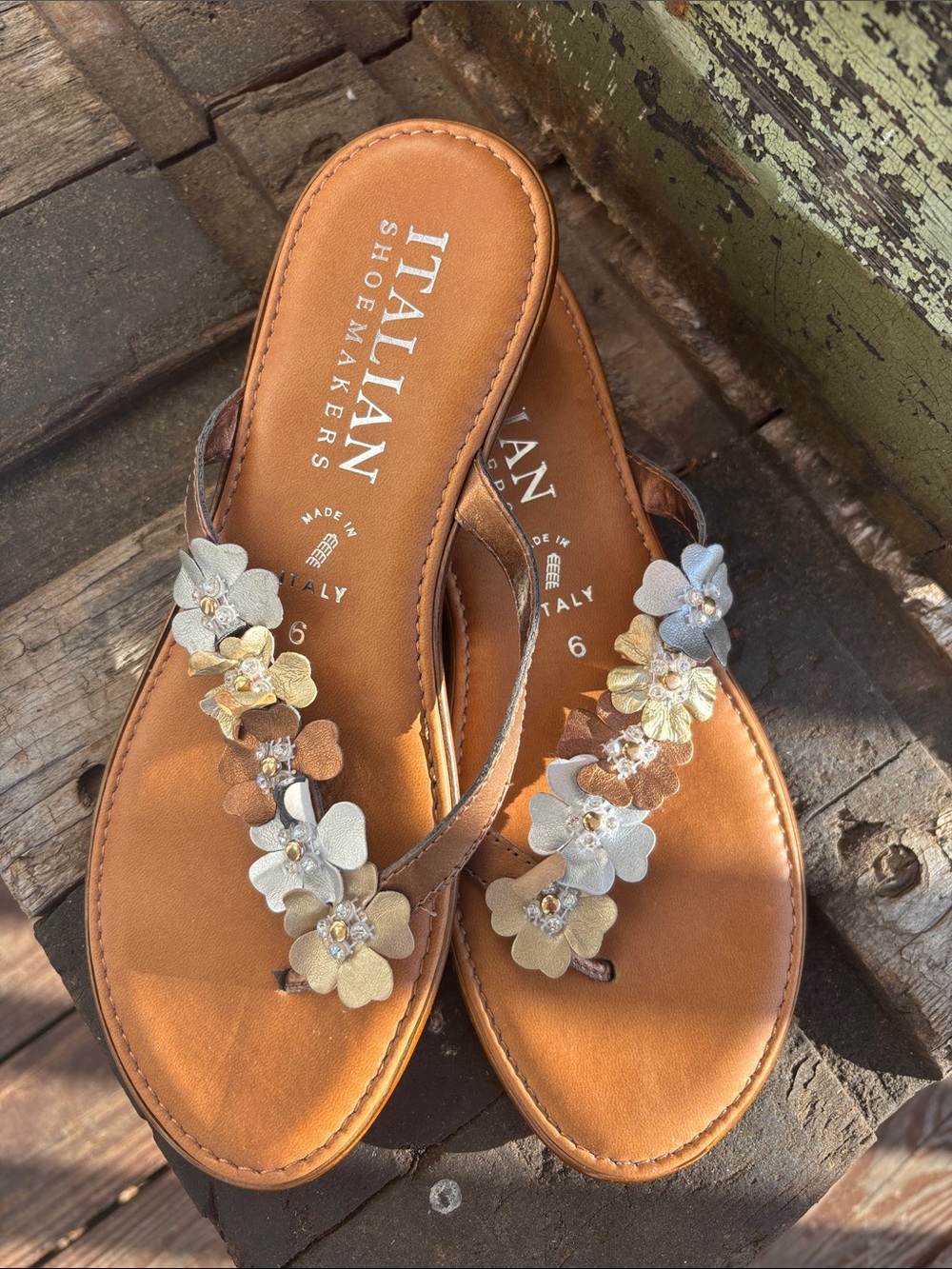 Italian Shoemakers Tan Floral Leather Thong Sandals with Metallic Flowers